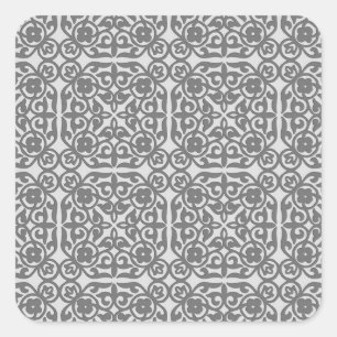 Pegatina Cuadrada Patrón de Damasco Medieval, gris plateado