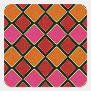 Pegatina Cuadrada Patrón de diamante Harlequin vibrante en rojo, nar