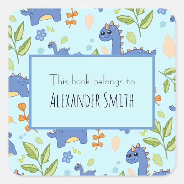 Pegatina Cuadrada Patrón de dinosaurios azules para niños Este libro (Anverso)