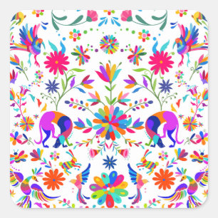 Pegatina Cuadrada Patrón de estilo Otomi con Weims, conejos y pájaro