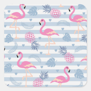 Pegatina Cuadrada Patrón de flamencos y piñas singulares