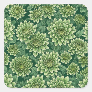 Pegatina Cuadrada Patrón de flor verde crisantemo