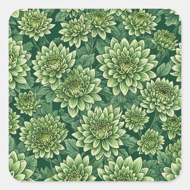 Pegatina Cuadrada Patrón de flor verde crisantemo (Anverso)