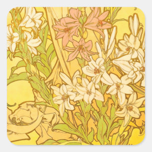 Pegatina Cuadrada Patrón de flores de lirio de Alphonse Mucha: Art N