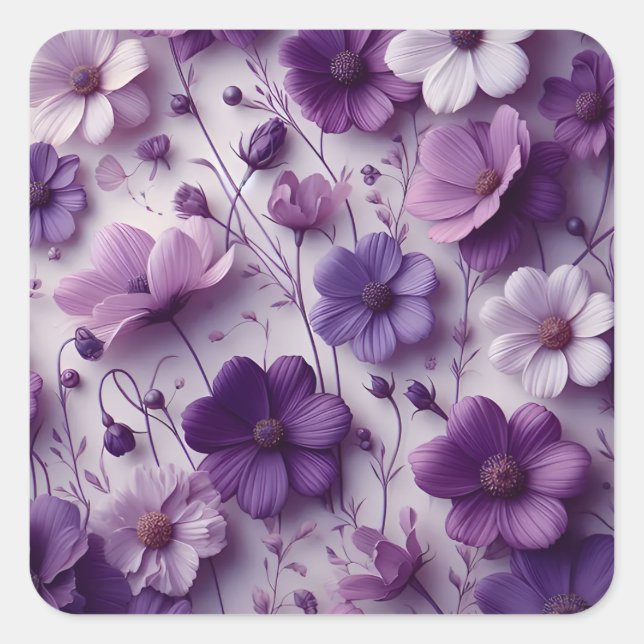 Pegatina Cuadrada Patrón de flores moradas en fondo blanco (Anverso)