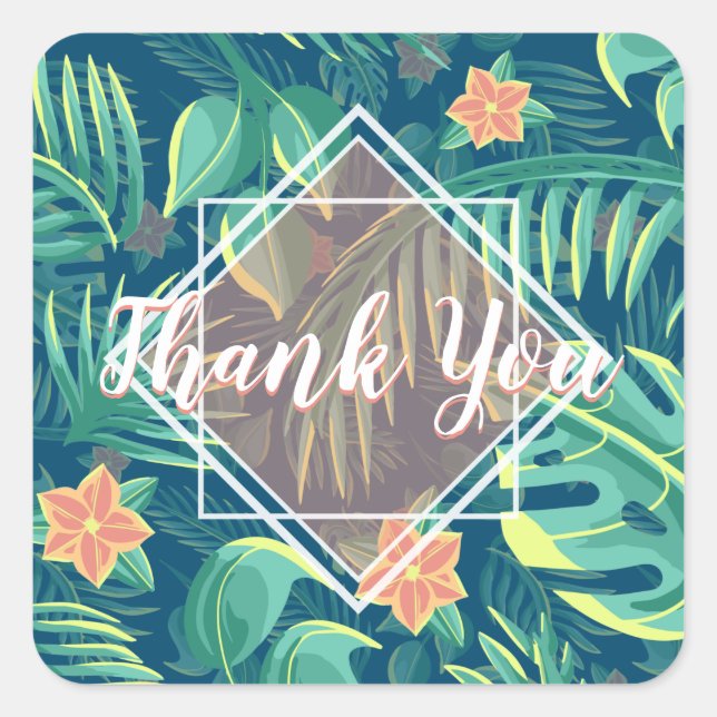 Pegatina Cuadrada Patrón de follaje tropical Personalizado Gracias (Anverso)