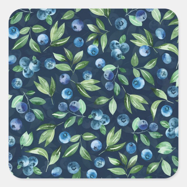 Pegatina Cuadrada Patrón de fondo oscuro de arándano azul acuático (Anverso)