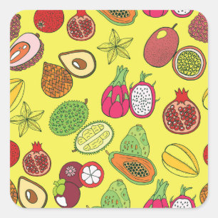 Pegatina Cuadrada Patrón de frutos exóticos tropicales dibujado a ma
