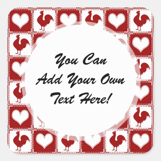 Pegatina Cuadrada Patrón de gallos de pollo y corazón (Anverso)