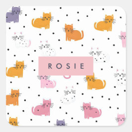 Pegatina Cuadrada Patrón de gato juguetón personalizado con puntos d