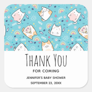 Pegatina Cuadrada Patrón de gato Kitty Whimsical Baby Shower
