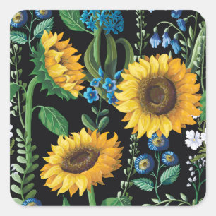 Pegatina Cuadrada Patrón de girasol de fondo negro