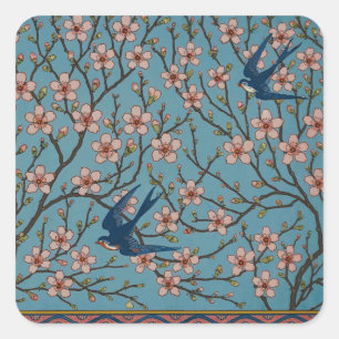 Pegatina Cuadrada Patrón de golondrina floral azul retro de Walter C
