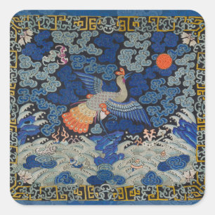 Pegatina Cuadrada Patrón de grulla china vintage: azul imperial