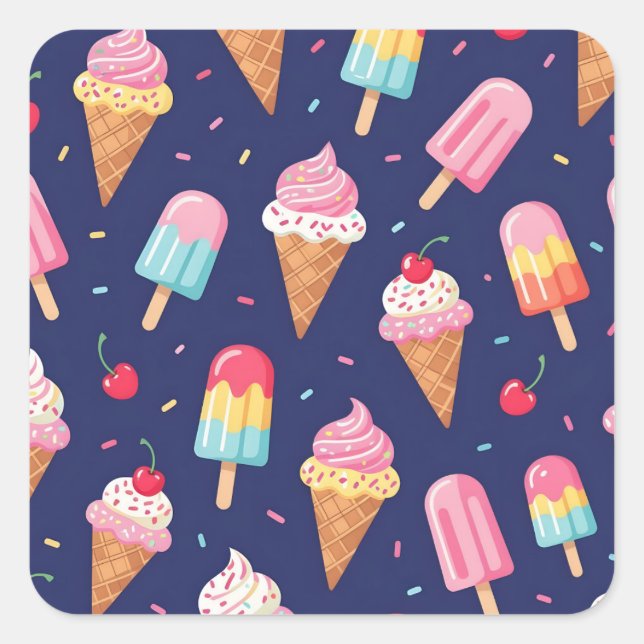 Pegatina Cuadrada Patrón de helado, paletas y cerezas (Anverso)