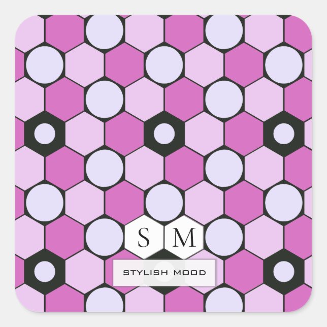 Pegatina Cuadrada Patrón de hexageres y círculos morados, rosados, d (Anverso)