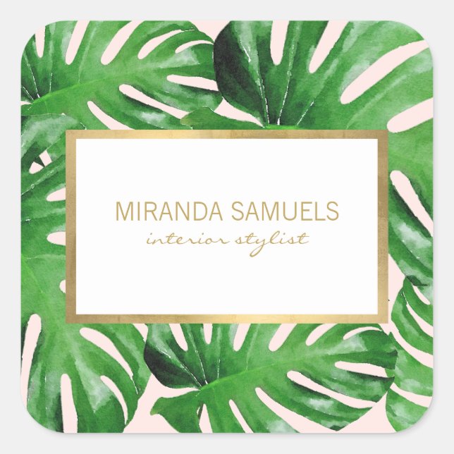 Pegatina Cuadrada Patrón de hojas de Monstera tropicales en acuarela (Anverso)