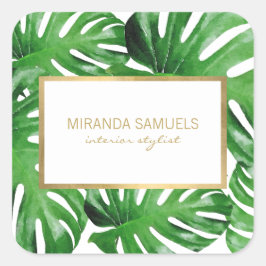 Pegatina Cuadrada Patrón de hojas tropicales de Monstera acuarela