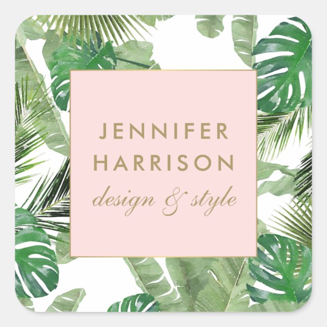 Pegatina Cuadrada Patrón de Hojas Tropicales en Acuarela (Anverso)