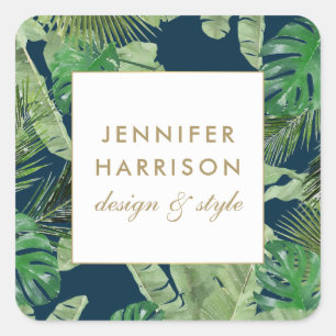 Pegatina Cuadrada Patrón de Hojas Tropicales en Acuarela sobre Azul 