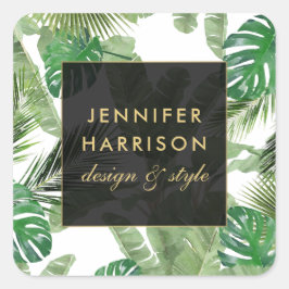 Pegatina Cuadrada Patrón de Hojas Tropicales en Acuarela sobre Blanc