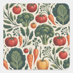 Pegatina Cuadrada Patrón de jardín de verduras botánicas vintage