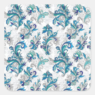 Pegatina Cuadrada Patrón de la cosecha del Doodle de color floral.