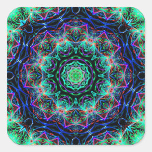 Pegatina Cuadrada Patrón de Mandala azul azul turquesa Verde azulado