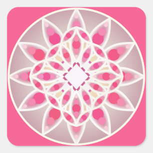 Pegatina Cuadrada Patrón de Mandala en rosa caliente, blanco y gris