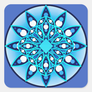 Pegatina Cuadrada Patrón de Mandala en turquesa, cobalto y blanco