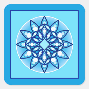 Pegatina Cuadrada Patrón de Mandala en turquesa, cobalto y blanco