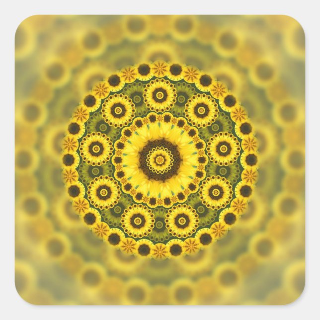 Pegatina Cuadrada Patrón de Mandala Hippy Sunflower Fractal (Anverso)