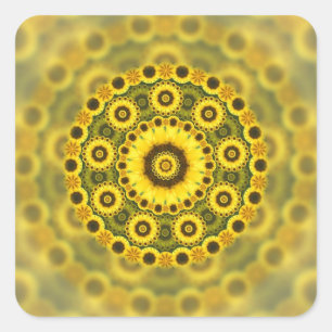 Pegatina Cuadrada Patrón de Mandala Hippy Sunflower Fractal