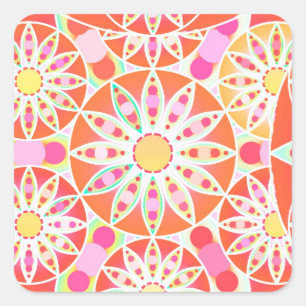 Pegatina Cuadrada Patrón de Mandala, rojo coral, rosa, dorado