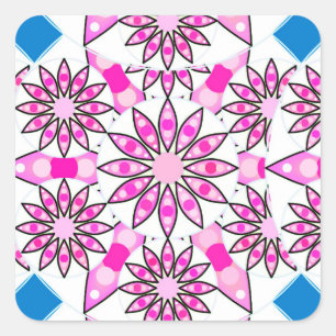 Pegatina Cuadrada Patrón de Mandala, rosa, rosa caliente, azul cobal