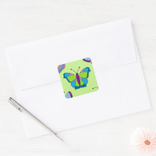 Pegatina Cuadrada Patrón de mariposa patchwork sobre verde