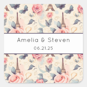 Pegatina Cuadrada Patrón de mariposa y Rosa de la Torre Eiffel - Bod