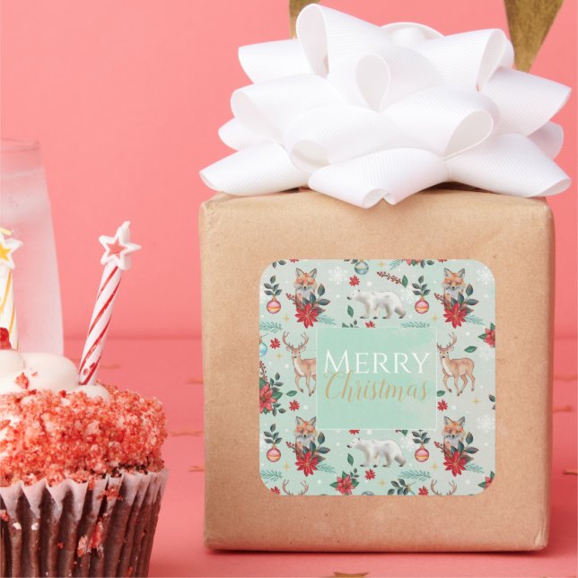 Pegatina Cuadrada Patrón de Navidades de animales de invierno de Flo (Fiesta)