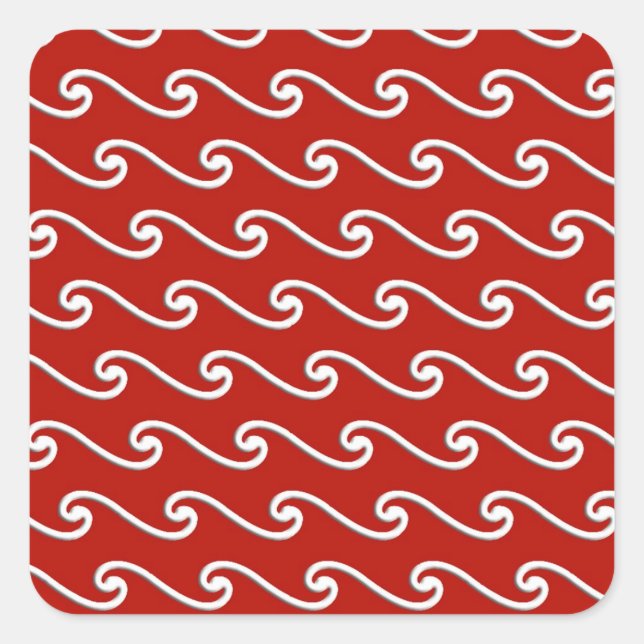 Pegatina Cuadrada Patrón de onda chino - blanco sobre rojo profundo (Anverso)