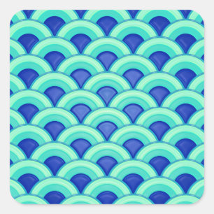 Pegatina Cuadrada Patrón de ondas Art Deco - turquesa y cobalto