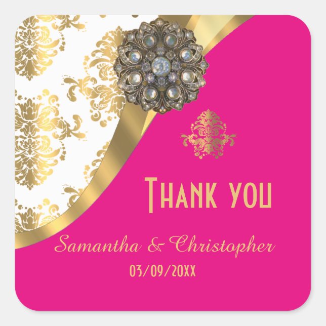 Pegatina Cuadrada Patrón de oro, damasco rosa y blanco gracias (Anverso)