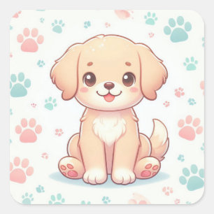 Pegatina Cuadrada Patrón de pata de cachorro pastel Kawaii