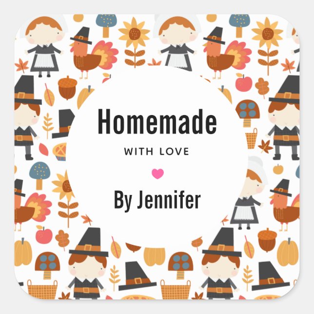Pegatina Cuadrada Patrón de peregrinos hechos con amor (Anverso)