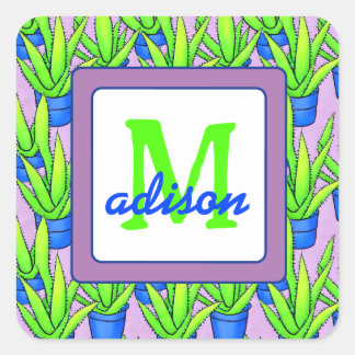 Pegatina Cuadrada Patrón de plantas de aloe vera monogramado