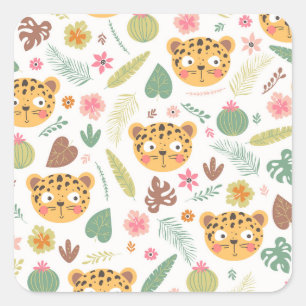 Pegatina Cuadrada Patrón de plantas tropicales de cabeza de leopardo