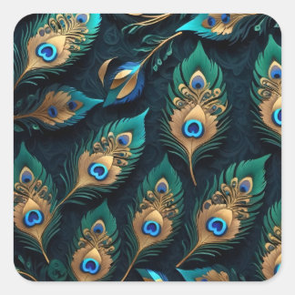 Pegatina Cuadrada Patrón de plumas de papercut Peacock