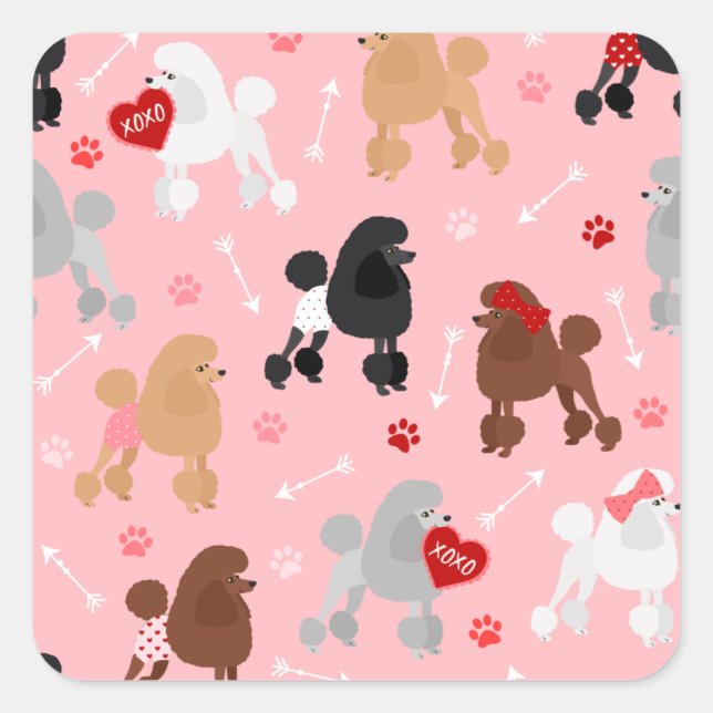 Pegatina Cuadrada Patrón de Poodle Valentine (Anverso)