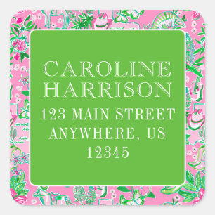 Pegatina Cuadrada Patrón de Preppy Verde y Rosa del Mapa de Texas