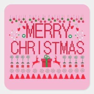 Pegatina Cuadrada Patrón de punto de jersey feo de Navidad