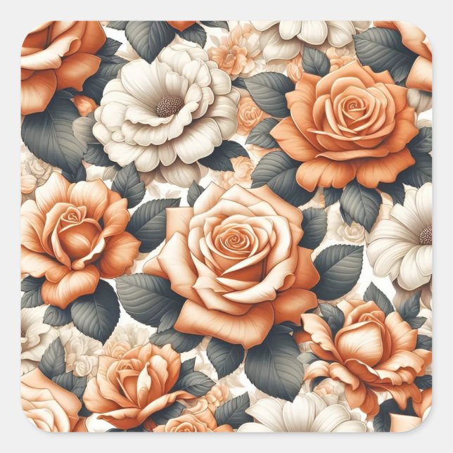 Pegatina Cuadrada Patrón de rosa blanco y Naranja sin foco (Anverso)